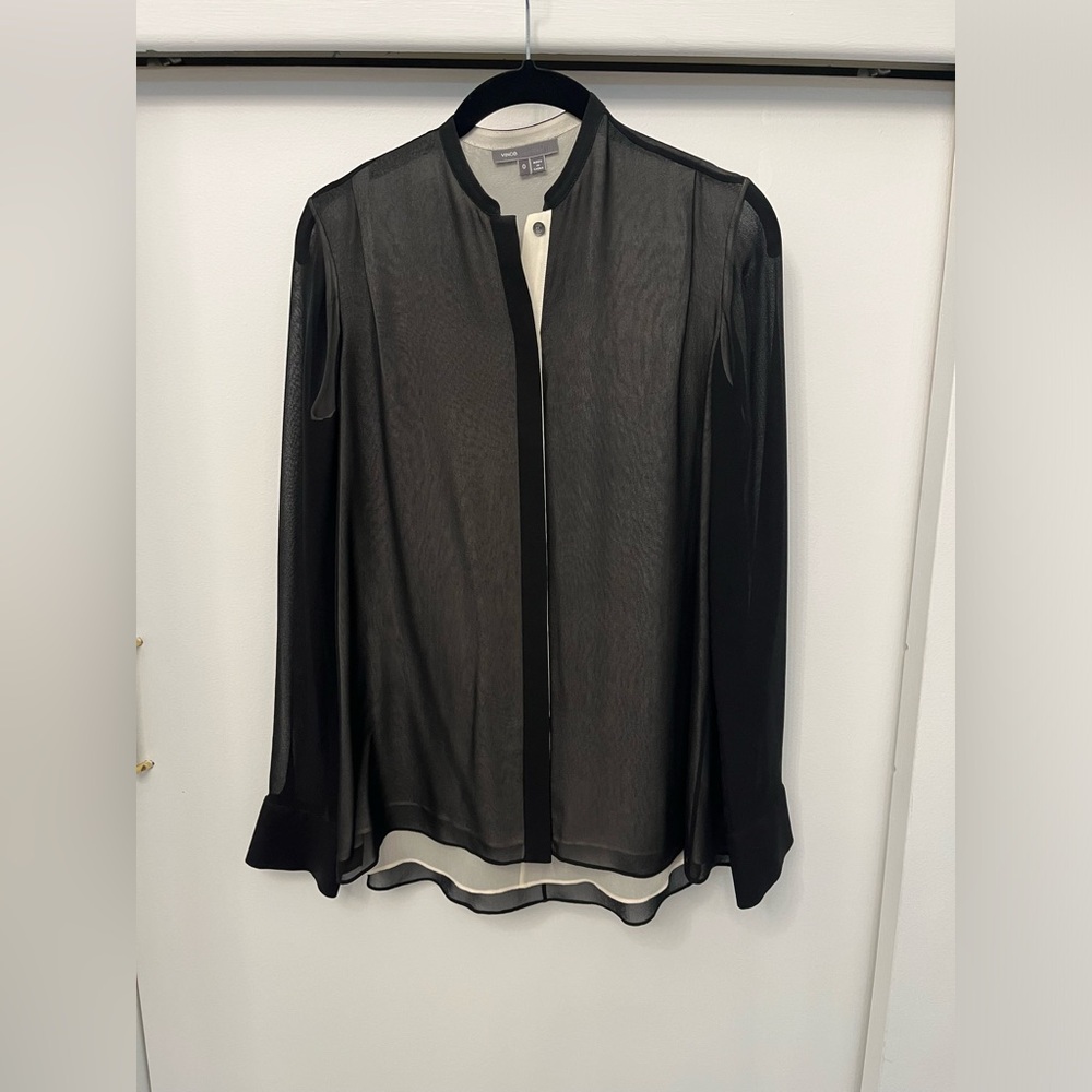 Vince Womens 100% Silk Button-Up Shirt | Black and Cream | Size 0